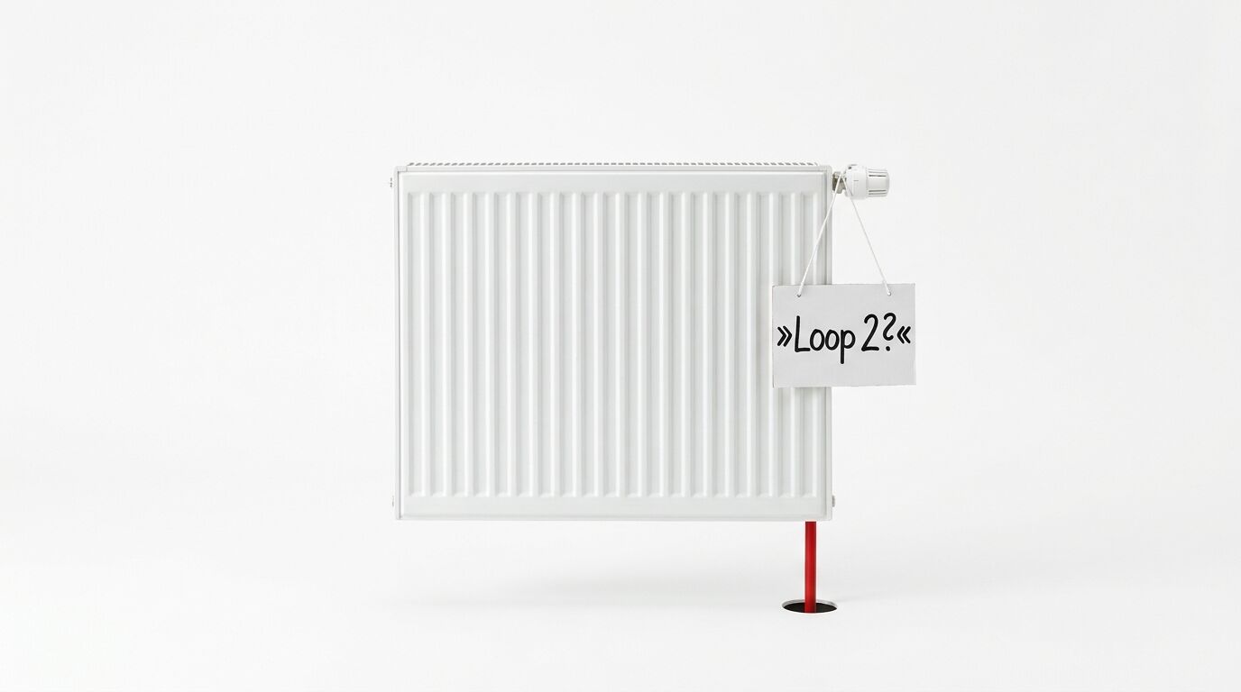 Heizkörper mit Schild „Loop 2?“ an rotem Rohr, das in einem schwarzen Loch verschwindet
