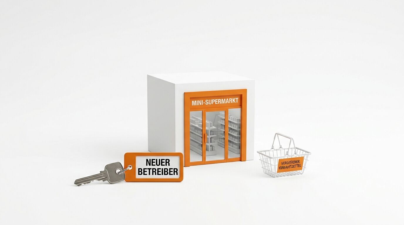 Mini-Supermarkt-Modell mit Schlüssel „Neuer Betreiber“ und Einkaufskorb „Vergessener Einkaufszettel“