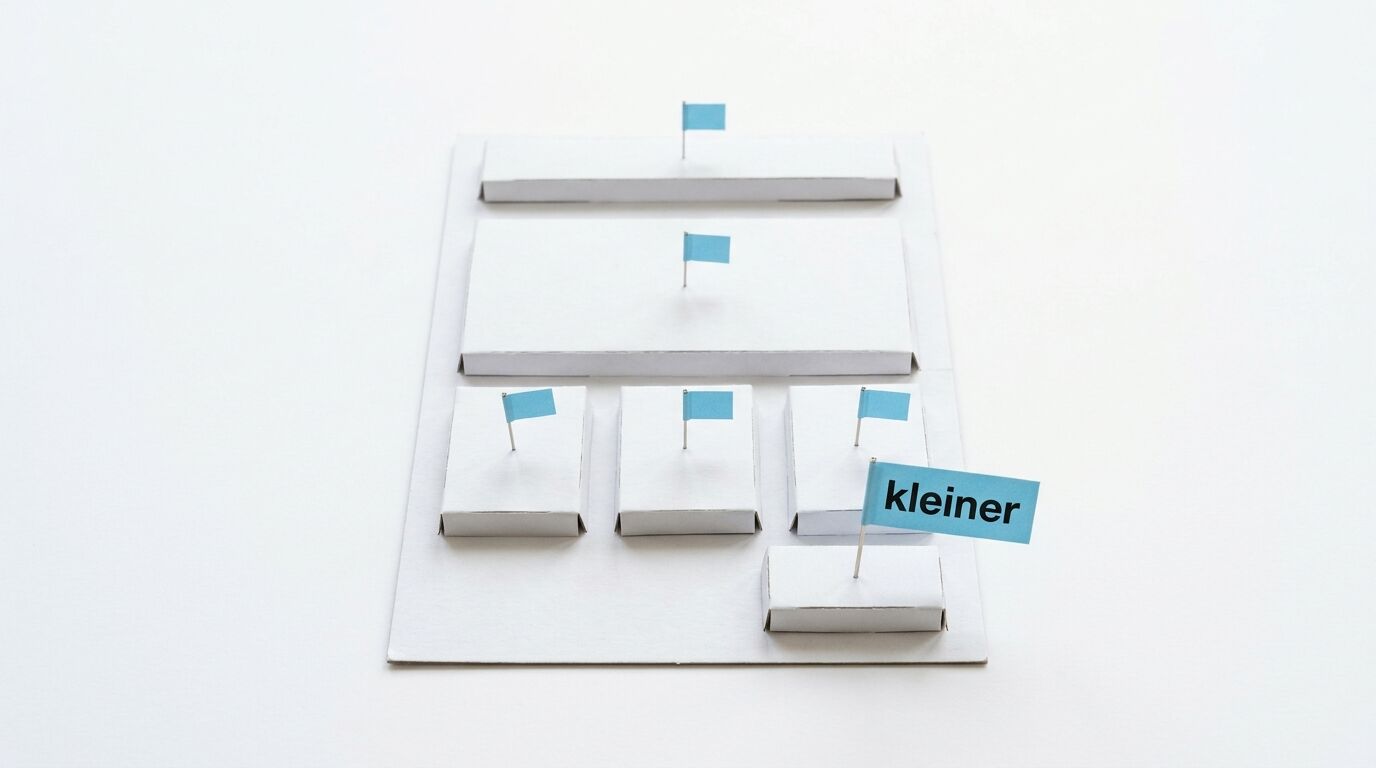 Kartonmodell eines Webseiten-Layouts mit blauen Fähnchen und dem Wort „kleiner“