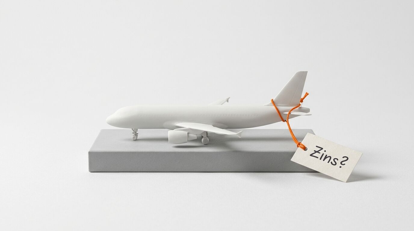 Weißes Flugzeugmodell auf grauem Sockel mit angehängtem „Zins?“-Schild