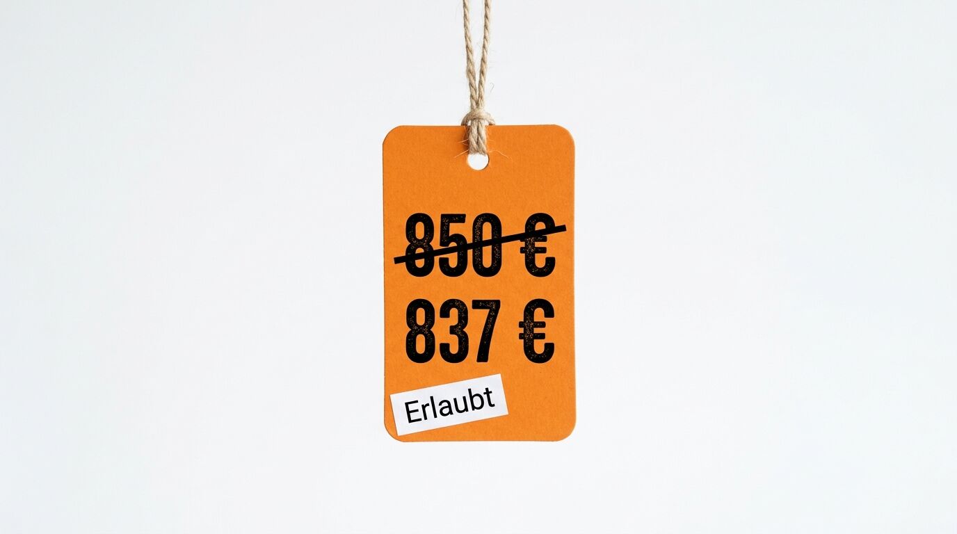 Oranges Preisschild an Schnur: 850 € durchgestrichen, darunter 837 €. Unten Aufkleber: Erlaubt