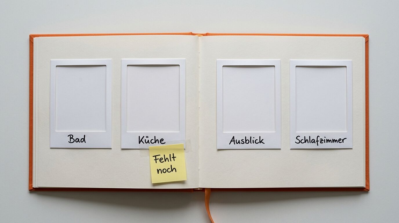 Offenes Fotoalbum mit leeren Sofortbildrahmen und Klebezettel „Fehlt noch“