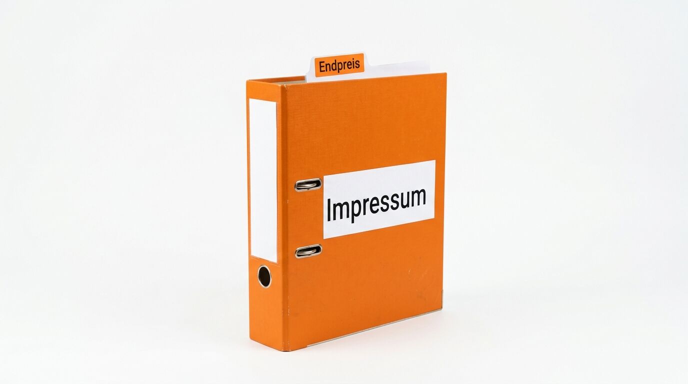 Ein orangefarbener Ordner mit der Aufschrift „Impressum“ und einem Reiter „Endpreis“
