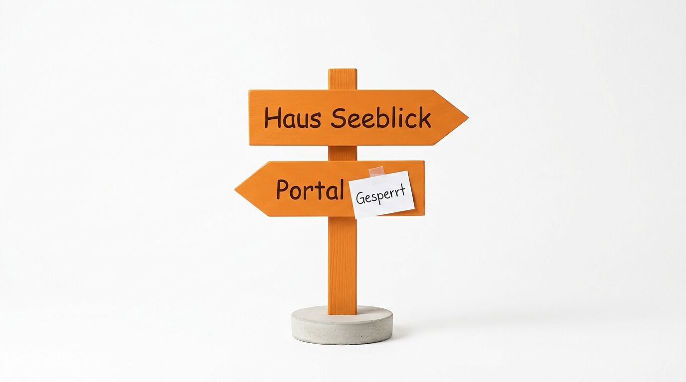 Oranger Wegweiser, oben rechts „Haus Seeblick“, unten links „Portal“ mit Zettel „Gesperrt“