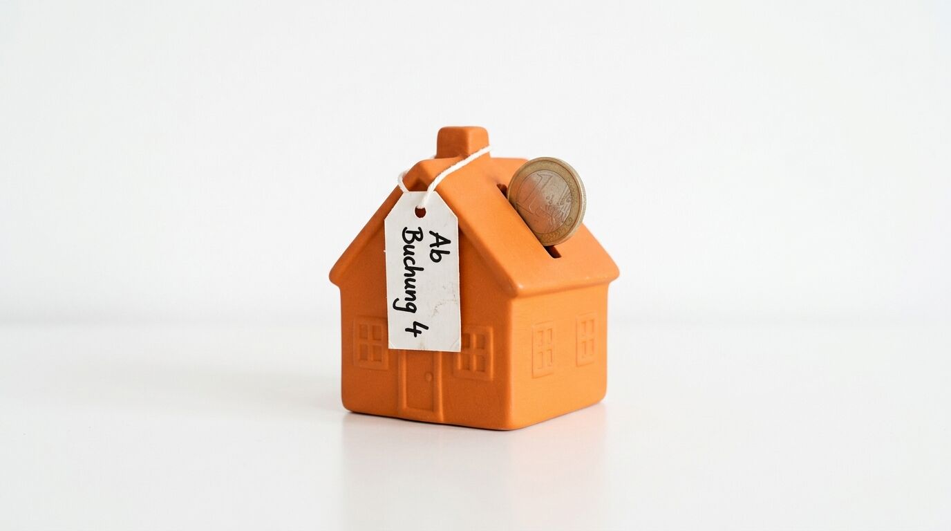 Haus-Spardose mit Euromünze und Anhänger „Ab Buchung 4“