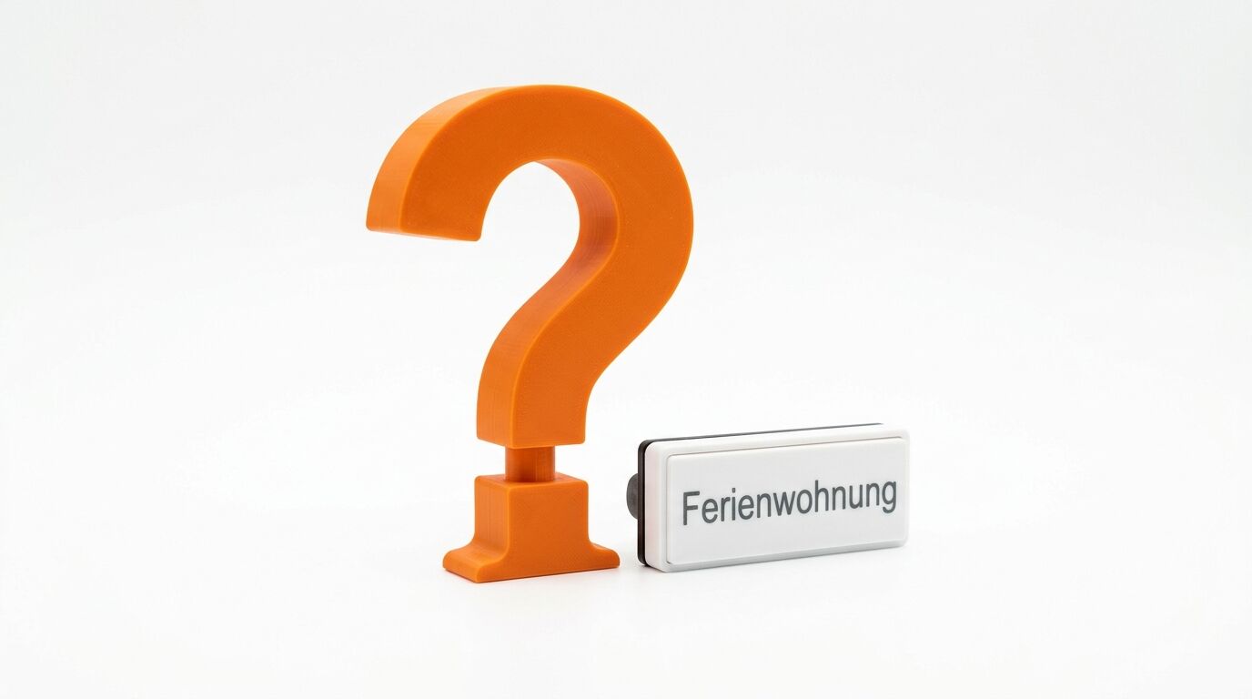 Großes orangefarbenes Fragezeichen auf Ständer neben einem Schild mit dem Text „Ferienwohnung“