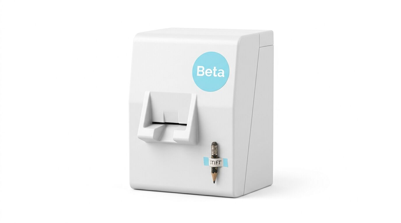 Ein weißes Gehäuse mit „Beta“-Aufkleber und einem Stift mit Klebestreifen davor