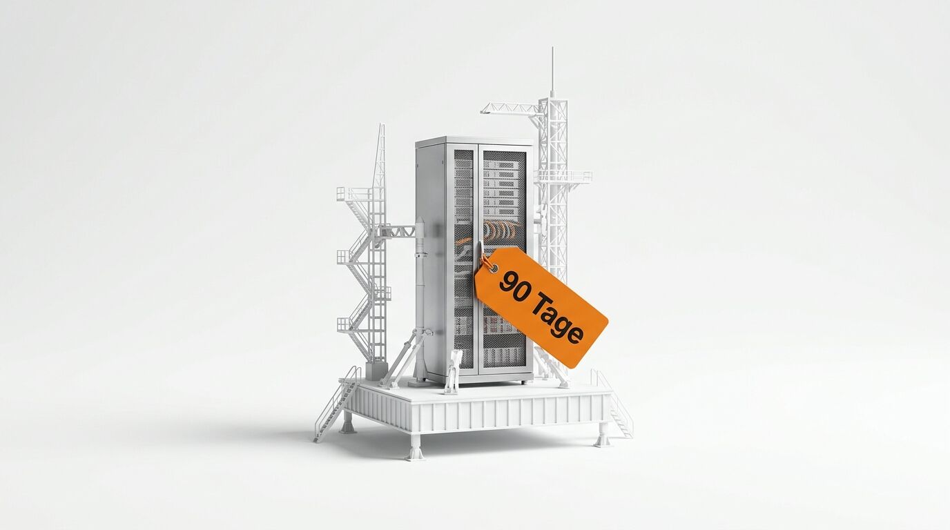 Server-Schrank auf Startrampen-Modell mit orangefarbenem Anhänger „90 Tage“