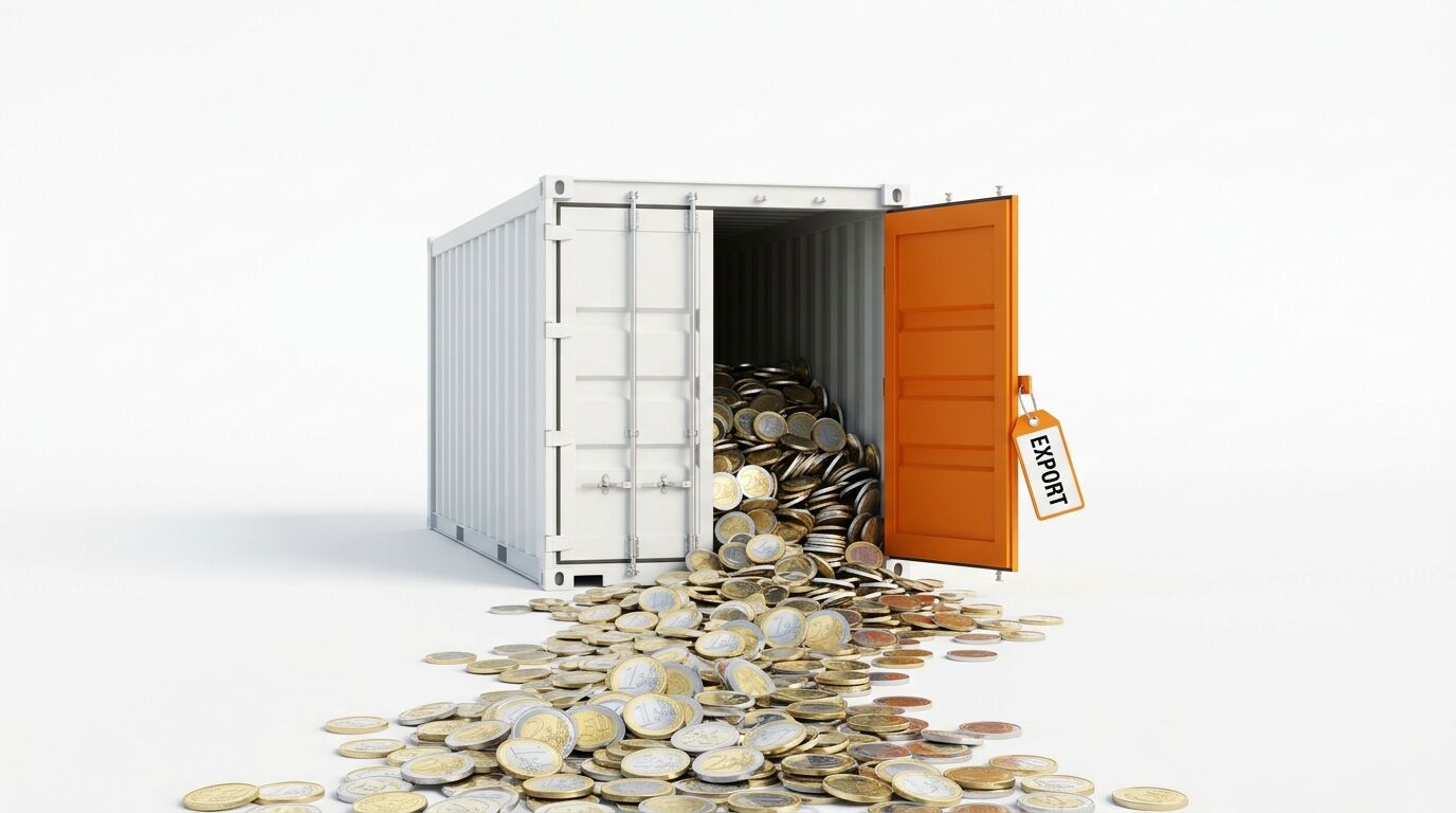 Weißer Container mit offener oranger Tür, Münzen quellen heraus, Etikett „EXPORT“