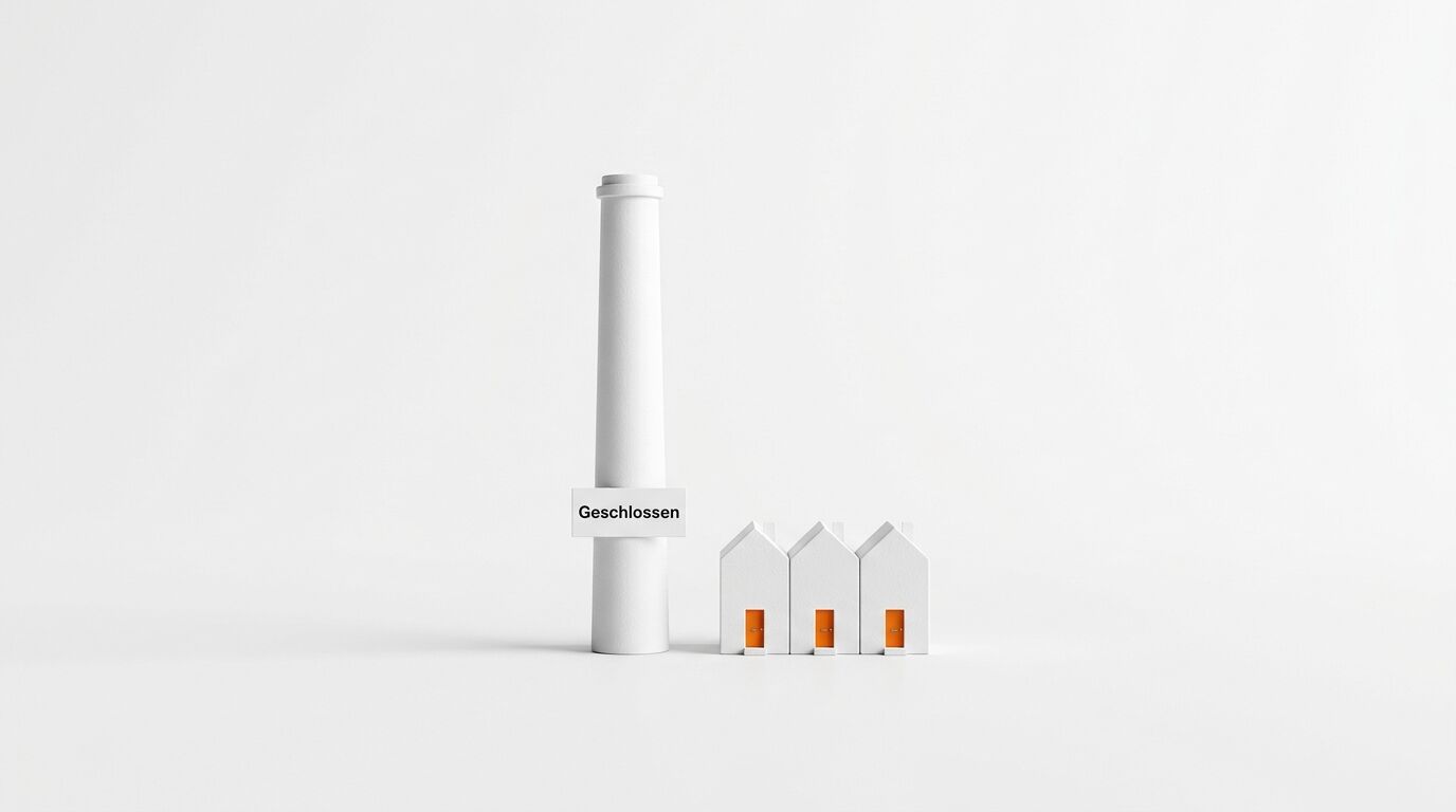 Weißer Fabrikschornstein mit Schild „Geschlossen“ und drei Häusermodelle auf weißem Grund