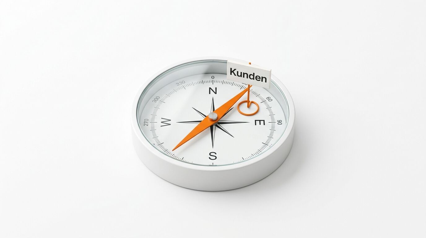 Ein Kompass mit orangefarbener Nadel und einem Schildchen „Kunden“ auf weißem Hintergrund