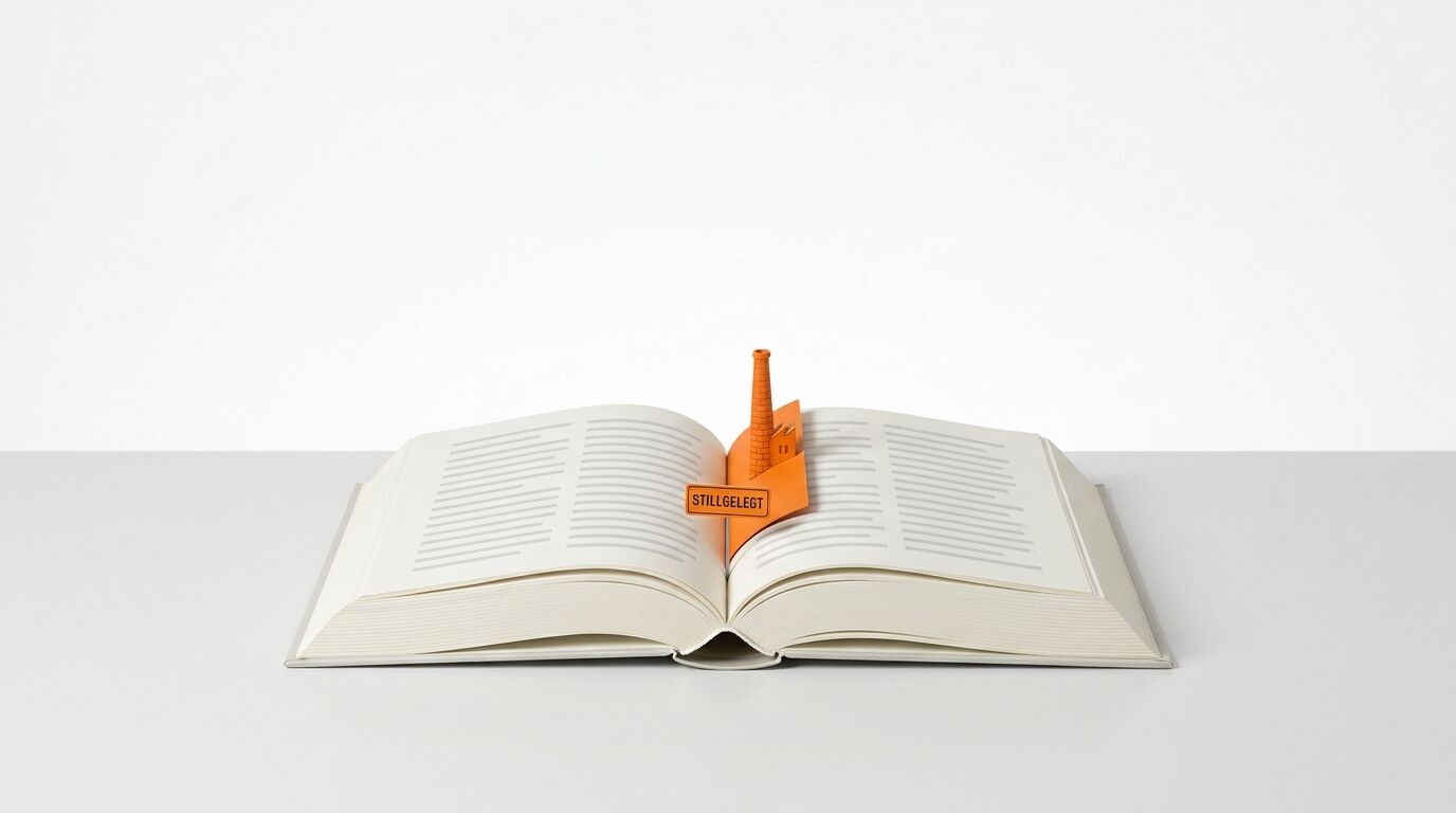 Aufgeschlagenes Buch mit einem orangefarbenen Fabrik-Lesezeichen und dem Schild „STILLGELEGT“