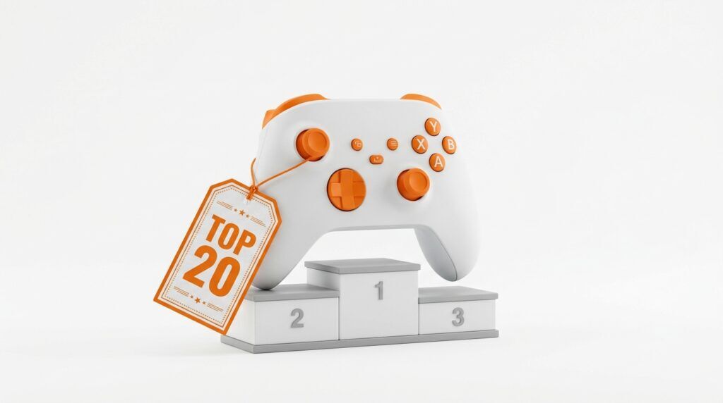 Ein weißer Spiele-Controller mit orangefarbenen Tasten auf einem Siegerpodest, daran ein Etikett mit der Aufschrift „Top 20“