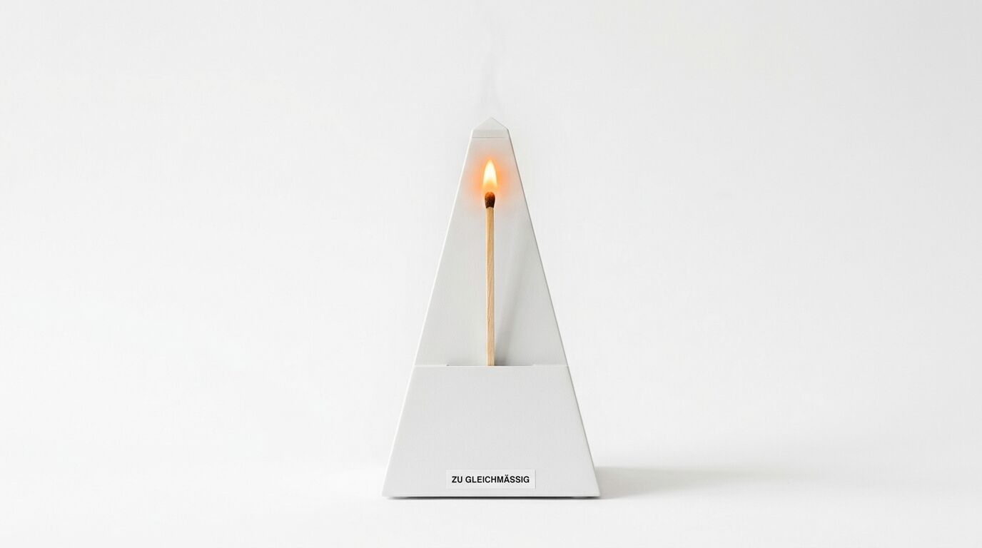 Weißes, pyramidenförmiges Metronom mit brennendem Streichholz und Text