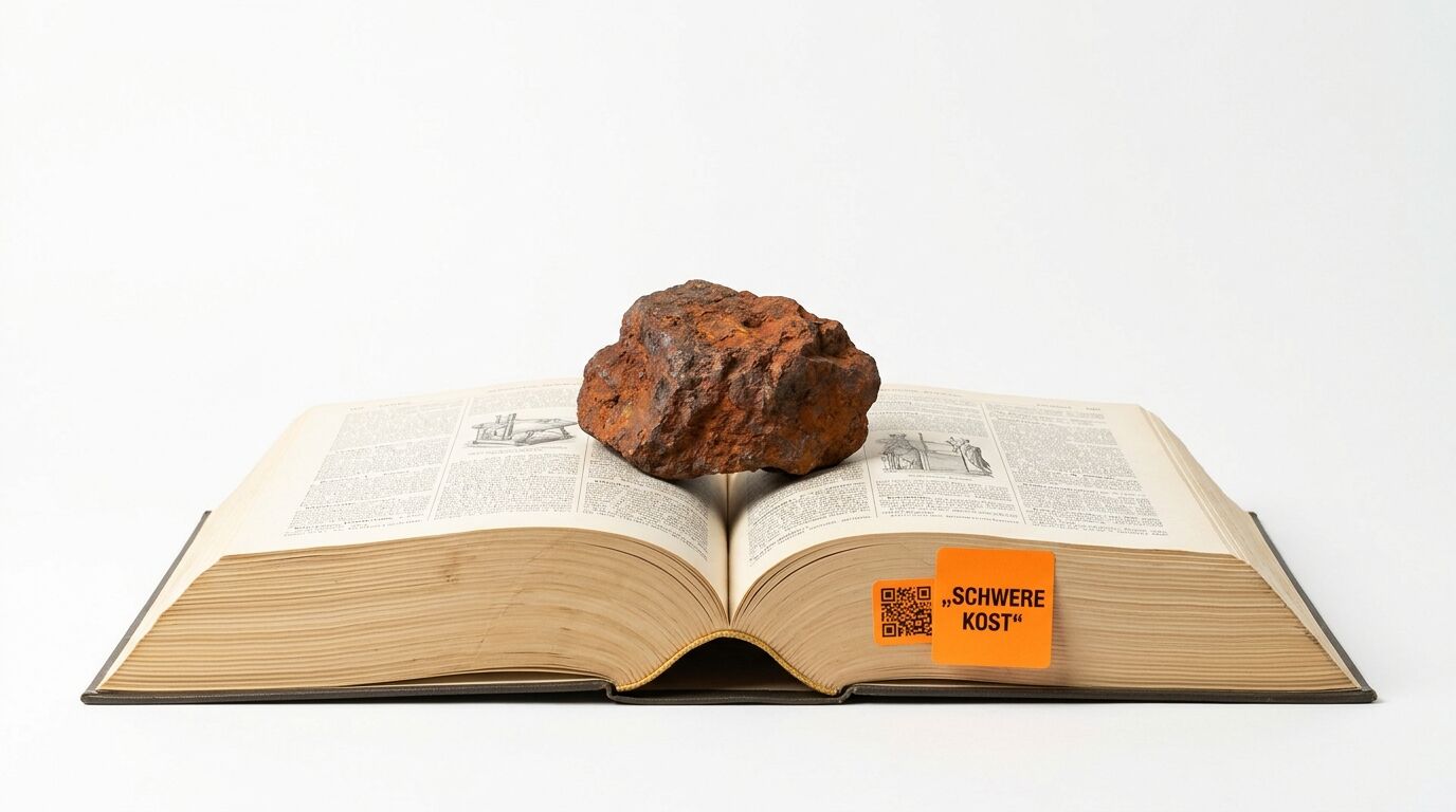 Offenes Buch mit Stein und orangefarbenem Schild mit Aufschrift „SCHWERE KOST“ und QR-Code