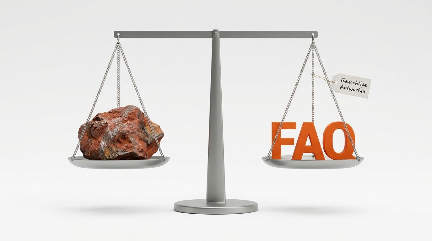Metallwaage im Gleichgewicht mit Stein links, oranger Schrift „FAQ“ und Anhänger rechts