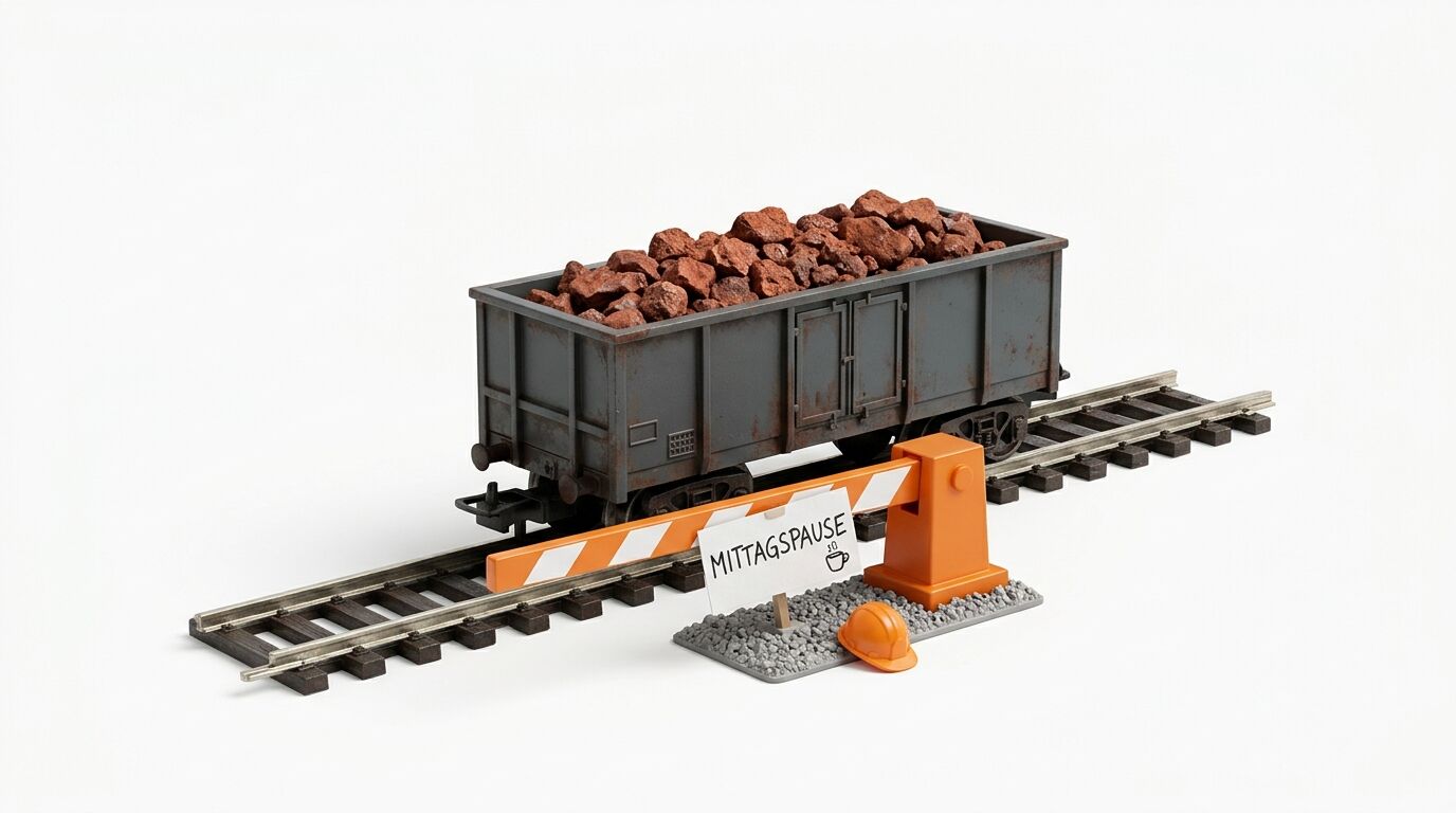 Modell-Güterwagen mit Erz auf Schienen, davor Schranke und „MITTAGSPAUSE“-Schild