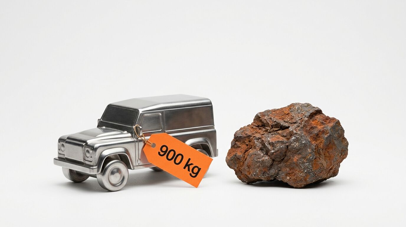 Ein Modellgeländewagen aus Stahl, ein Eisenerzbrocken und ein Anhänger mit der Aufschrift 900 kg