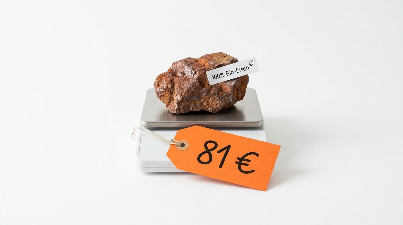 Rostiger Stein mit „100% Bio-Eisen“ und Preisschild „81 €“ auf Waage vor weißem Hintergrund