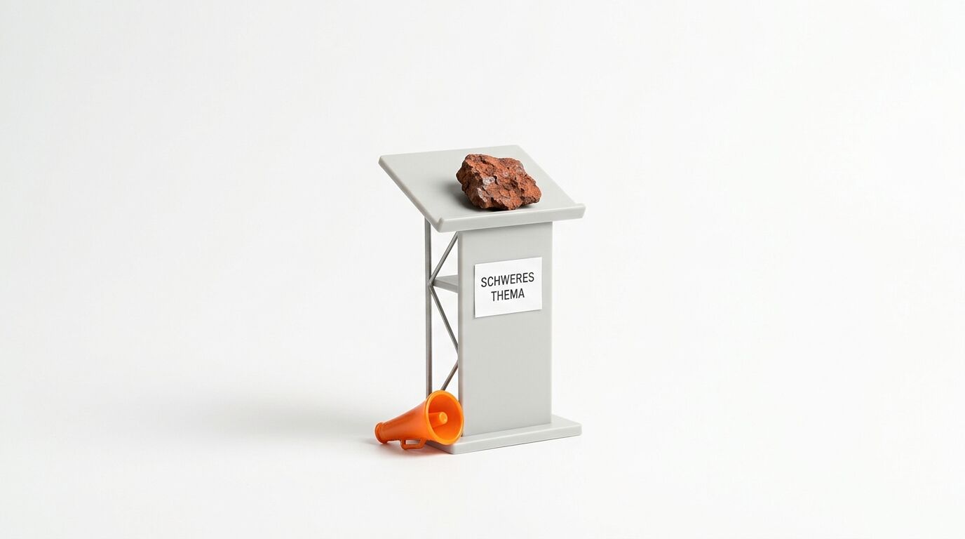 Ein roter Stein liegt auf einem grauen Rednerpult mit dem Schild „SCHWERES THEMA“