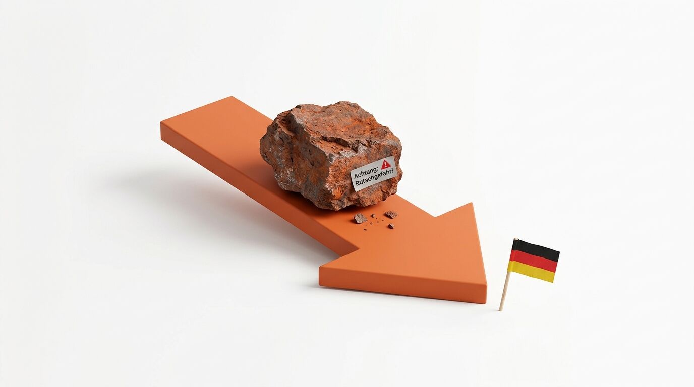 Orangefarbener Abwärtspfeil mit Stein und Warnschild, daneben eine deutsche Fahne