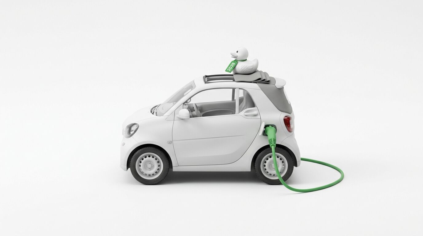 Kleines E-Auto in Weiß, lädt über grünes Kabel, mit Quietscheente auf dem Dach