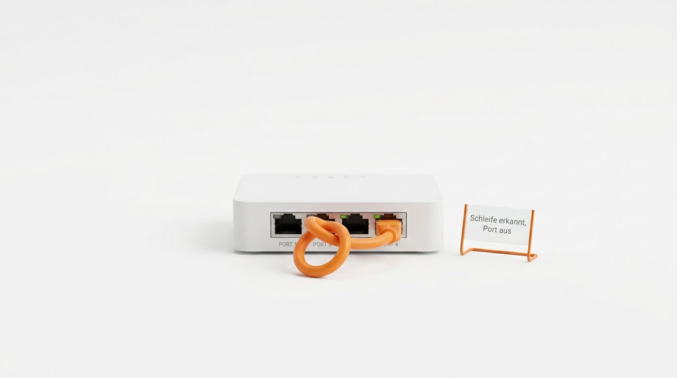 Switch mit Kabelschleife und Schild:
