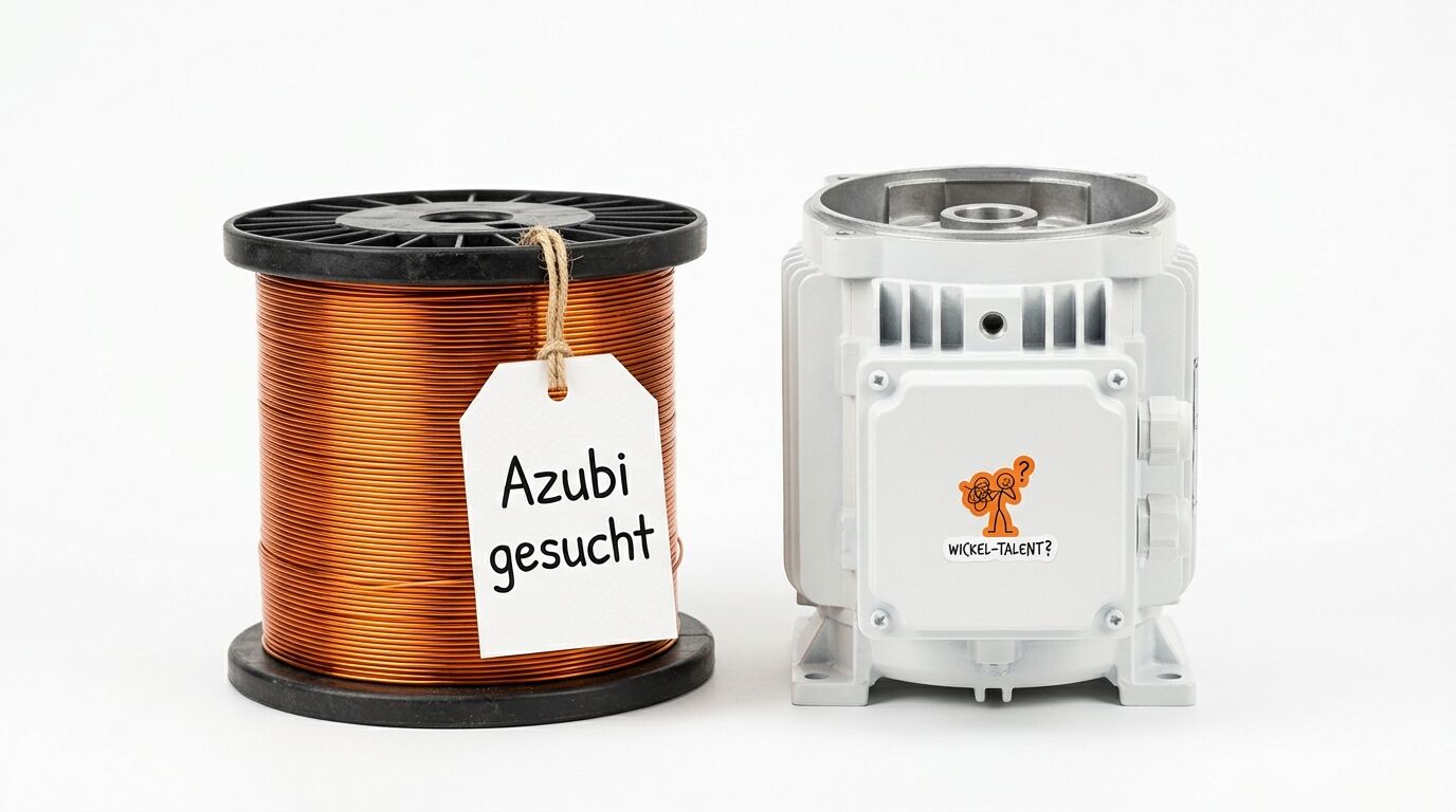 Kupferdrahtspule mit Schild „Azubi gesucht“ neben Elektromotorgehäuse auf weißem Grund