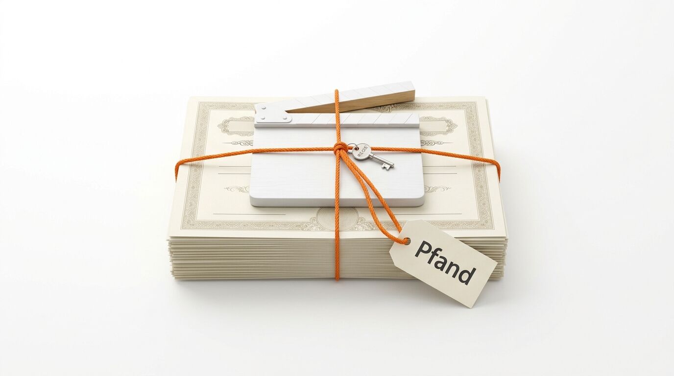 Filmklappe auf Wertpapieren, mit Schnur, Schlüssel und „Pfand“-Schild, vor weißem Grund
