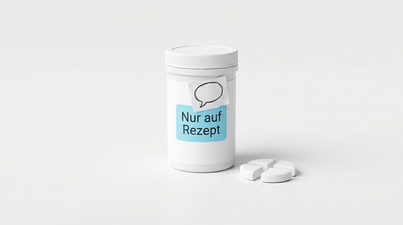 Weiße Pillendose mit Aufschrift „Nur auf Rezept“, Sprechblase und geviertelten Tabletten