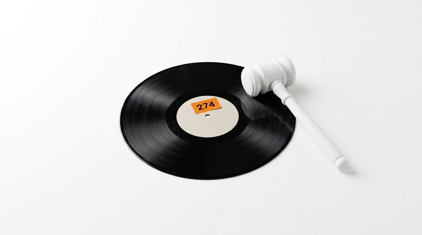 Eine schwarze Vinylplatte mit orangefarbenem Aufkleber „274“ und ein weißer Richterhammer daneben