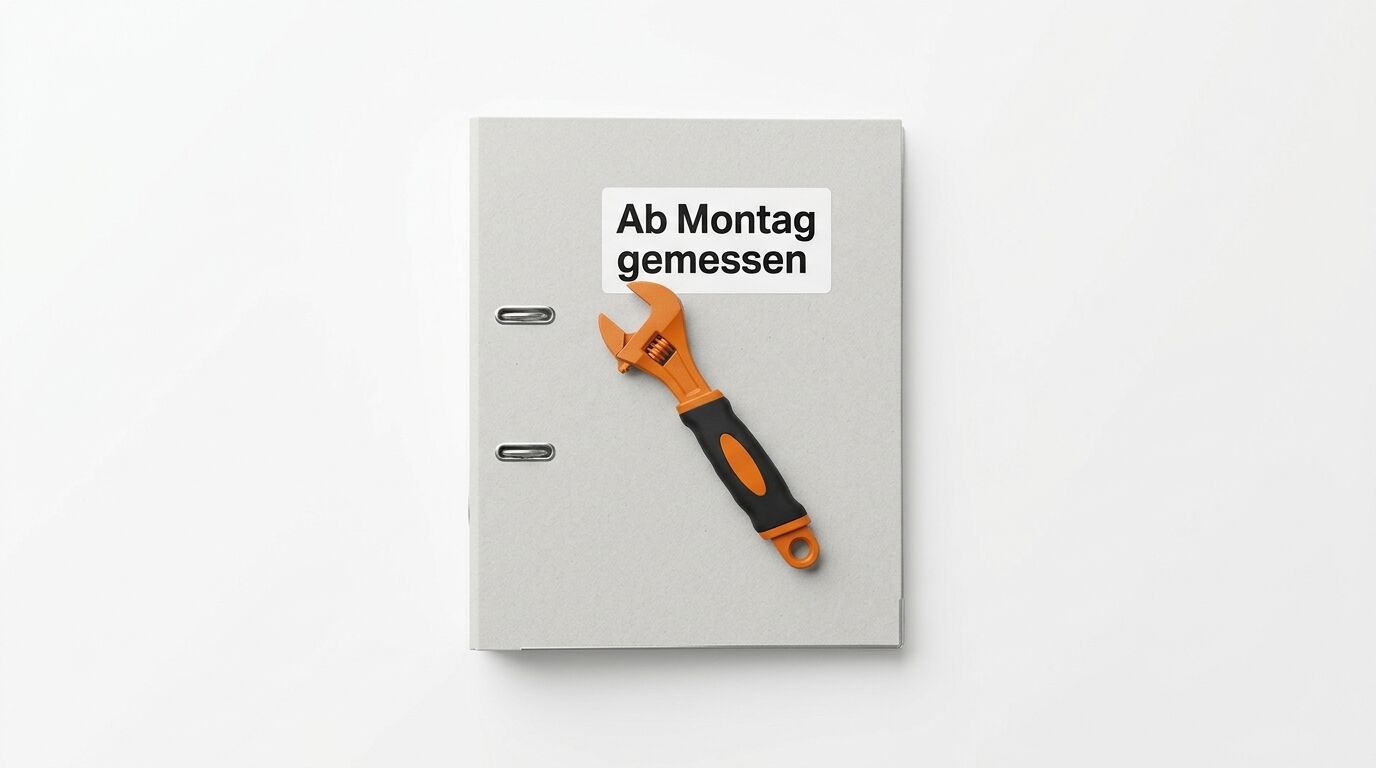 Grauer Ordner mit orange-schwarzem Schraubenschlüssel und weißem Label "Ab Montag gemessen"
