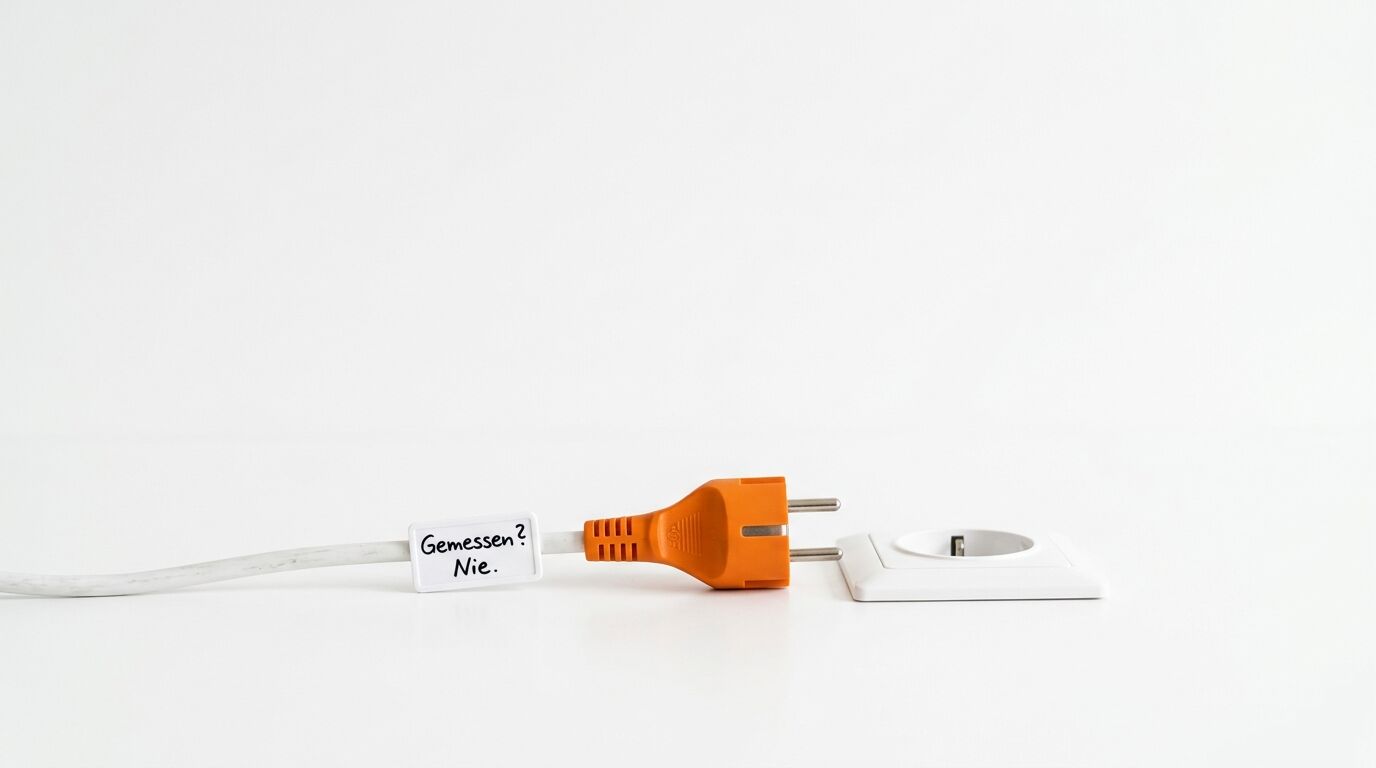 Ein weißes Stromkabel mit einem weißen Label "Gemessen? Nie." neben einem orangefarbenem Stecker und einer weißen Steckdose
