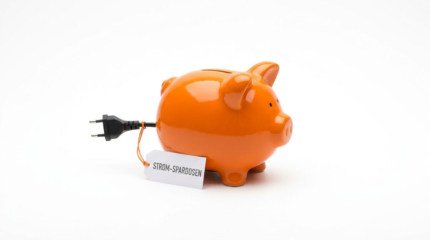 Oranges Sparschwein mit Stromstecker und Etikett "STROM-SPARDOSEN" auf weißem Hintergrund