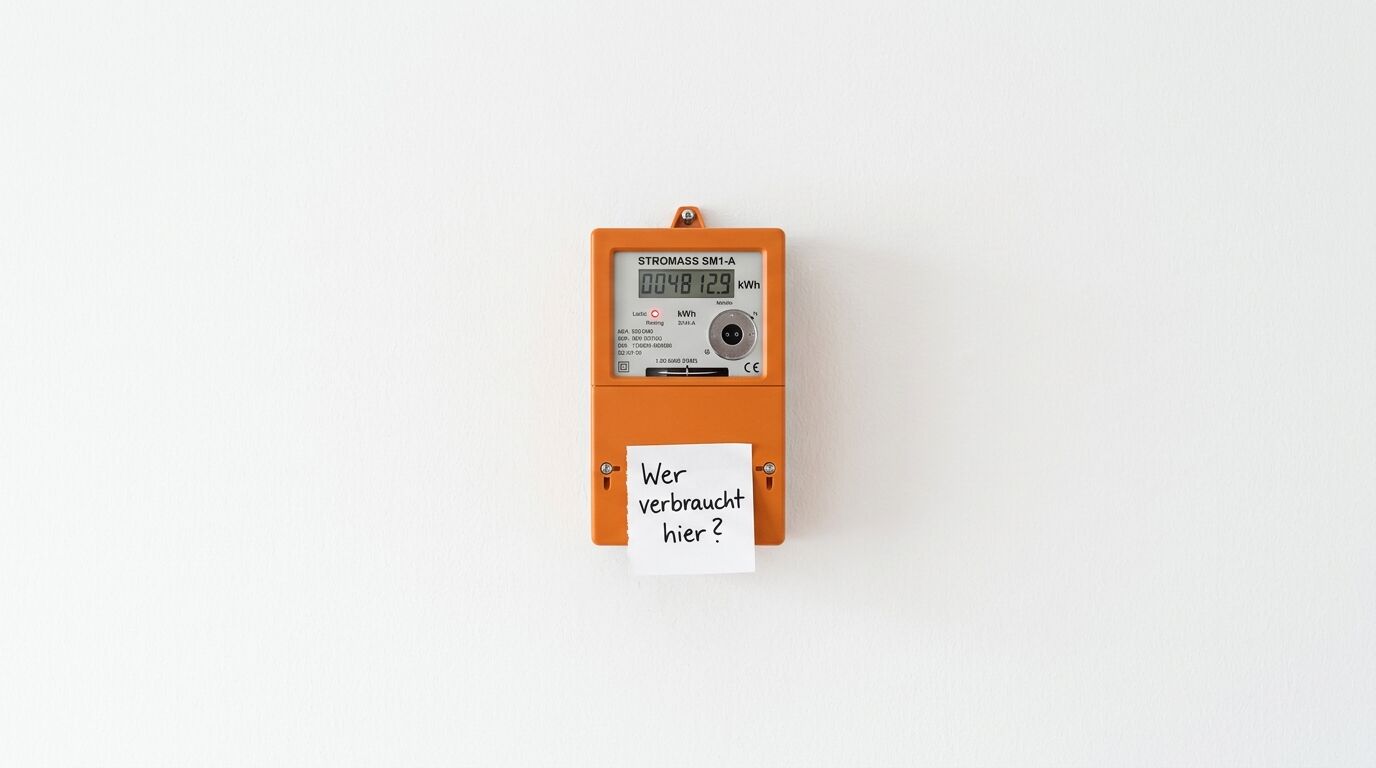 Orangefarbener Stromzähler SM1-A mit digitalem Display und Notiz "Wer verbraucht hier?" auf weißem Hintergrund