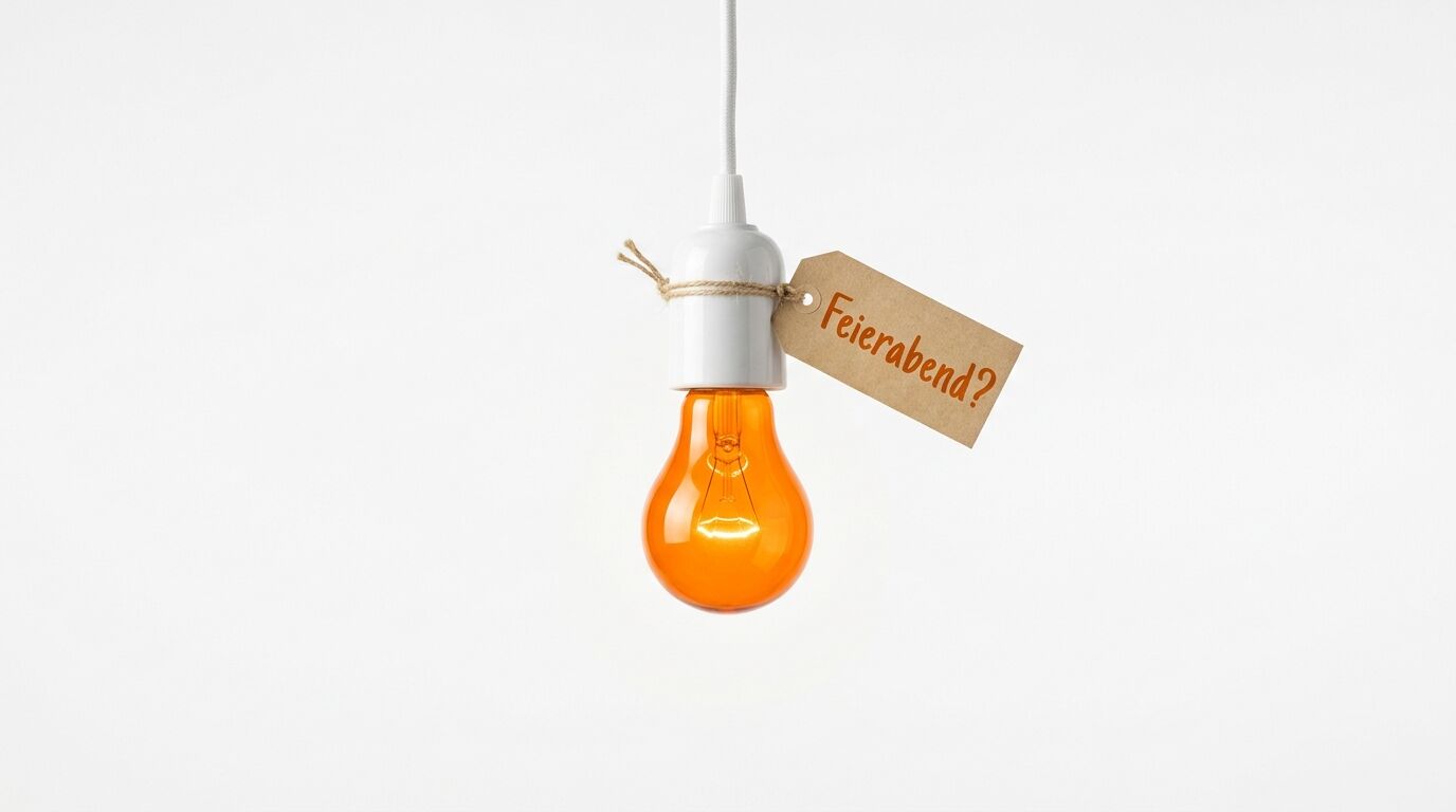 Eine orange leuchtende Glühbirne hängt an weißem Kabel mit Porzellanfassung. Ein Papierschild mit "Felerabend?" ist mit Schnur befestigt