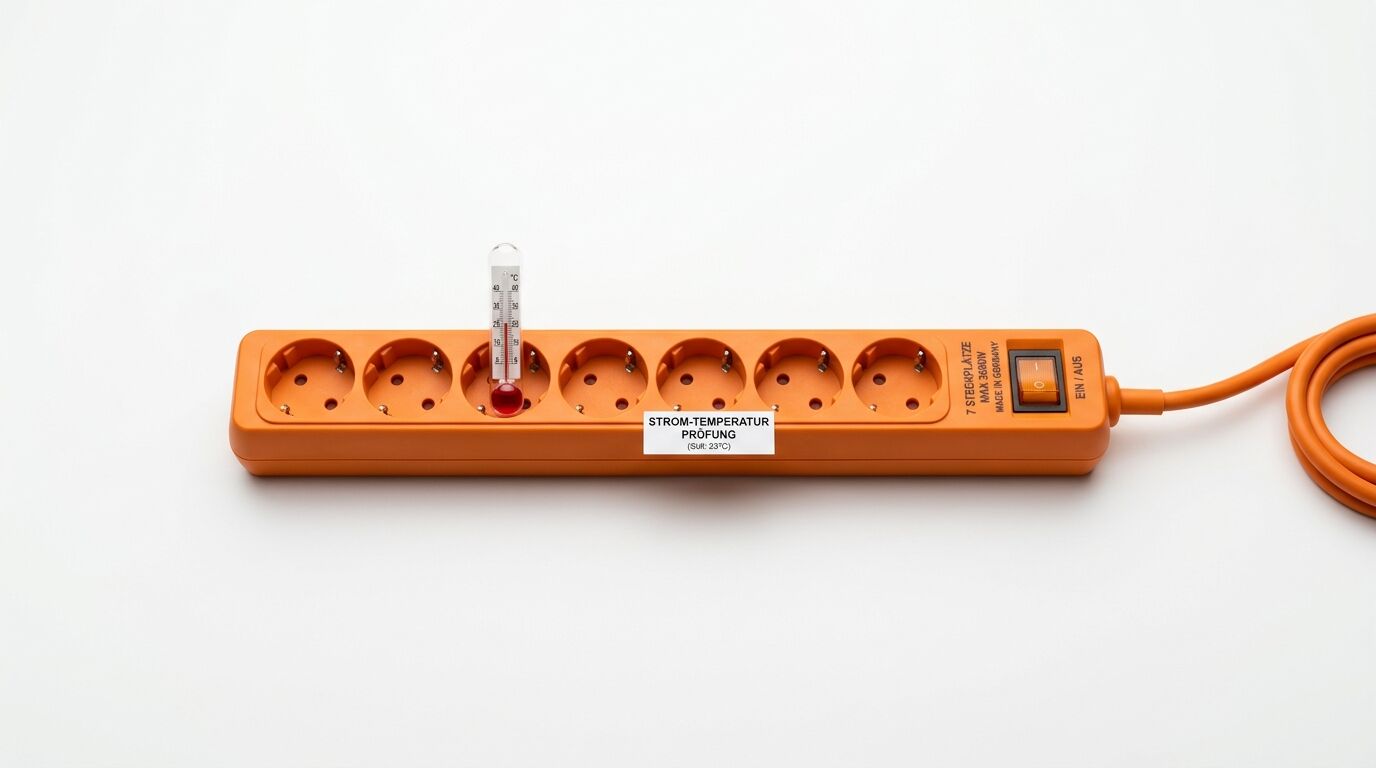 Orange Steckdosenleiste mit sieben Steckdosen, integriertem Thermometer und Schalter, Stromkabel sichtbar