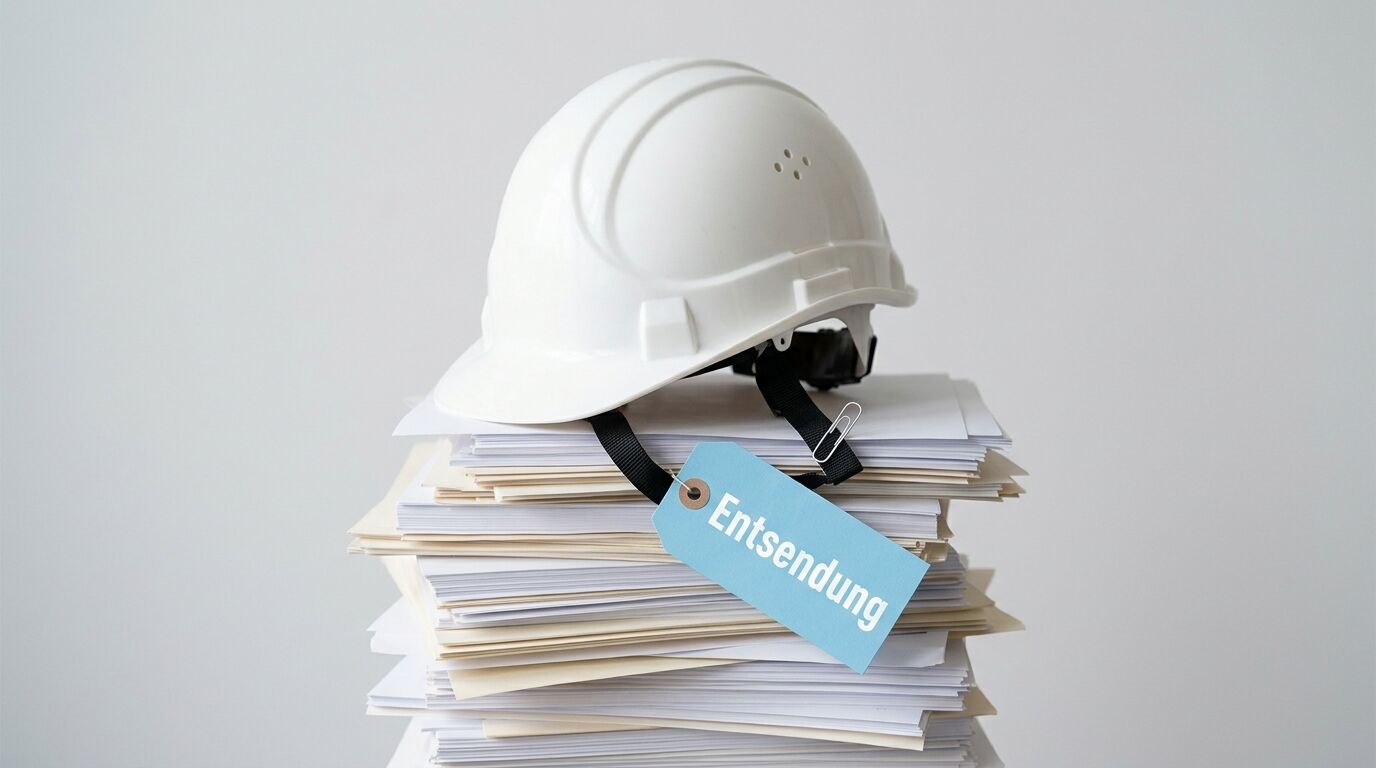 Weißer Schutzhelm auf Papierstapel mit Etikett „Entsendung“