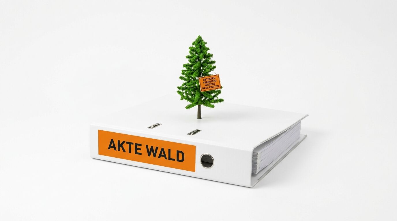Weißer Aktenordner „AKTE WALD“ mit kleinem Tannenbaum und gelbem Warnschild darauf