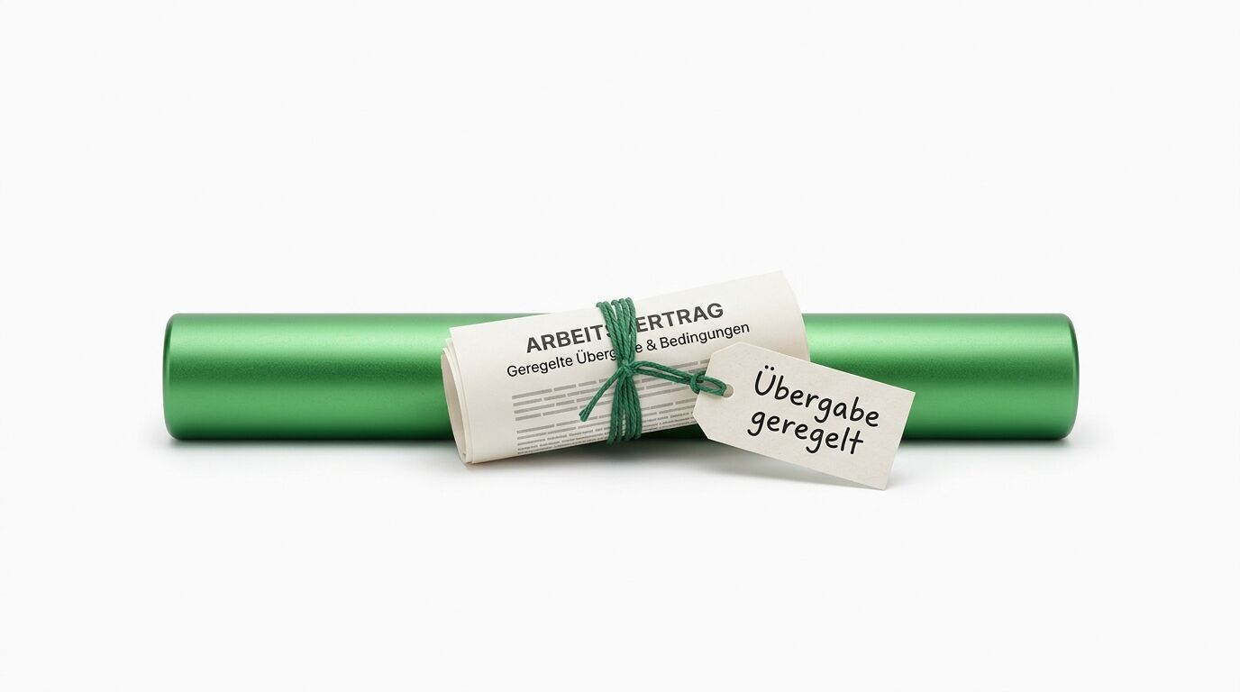 Grüne Rolle mit Arbeitvertragsdokument, gebunden mit grünem Bindfaden und Etikett "Übergabe geregelt"