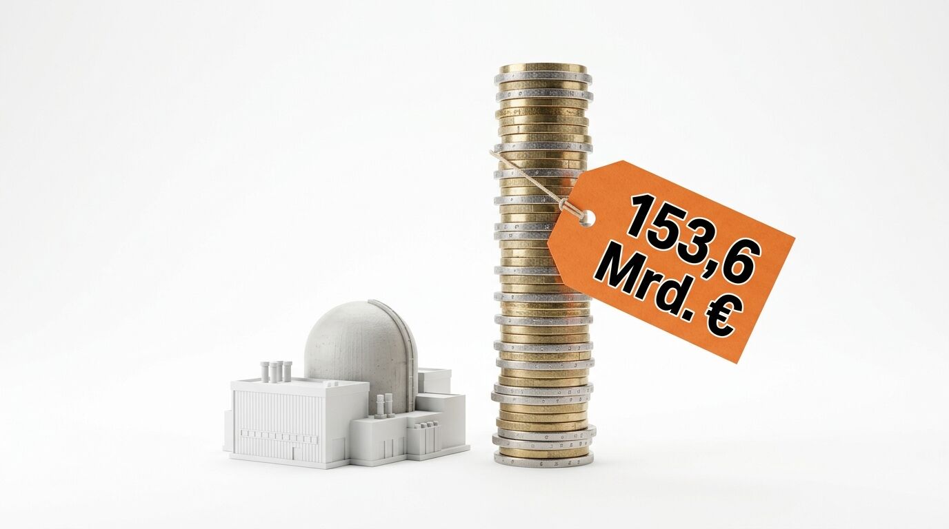 AKW-Modell und Geldstapel mit Anhänger „153,6 Mrd. €“ vor weißem Hintergrund