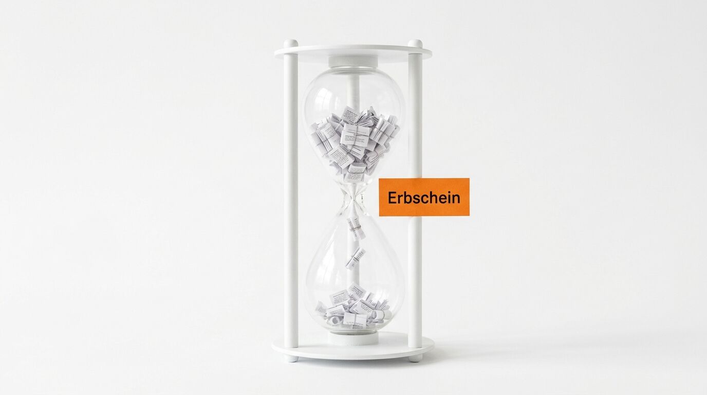 Weiße Sanduhr mit Papierzetteln gefüllt, rechts oranges Schild mit Aufschrift 