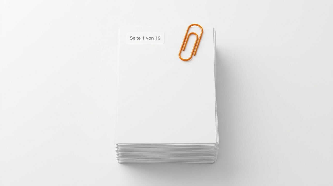 Stapel weißes Papier mit oranger Büroklammer und Text „Seite 1 von 19“ auf weißem Grund
