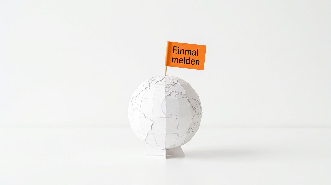 Papierglobus mit oranger Fahne mit der Aufschrift „Einmal melden“ auf weißem Hintergrund