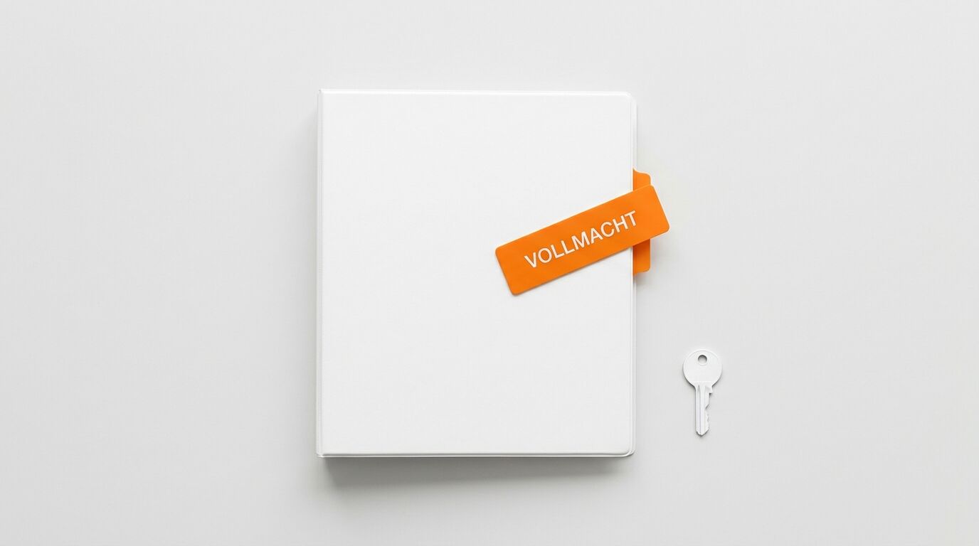 Weißer Ordner, orange Marke mit „VOLLMACHT“, weißer Schlüssel, grauer Hintergrund