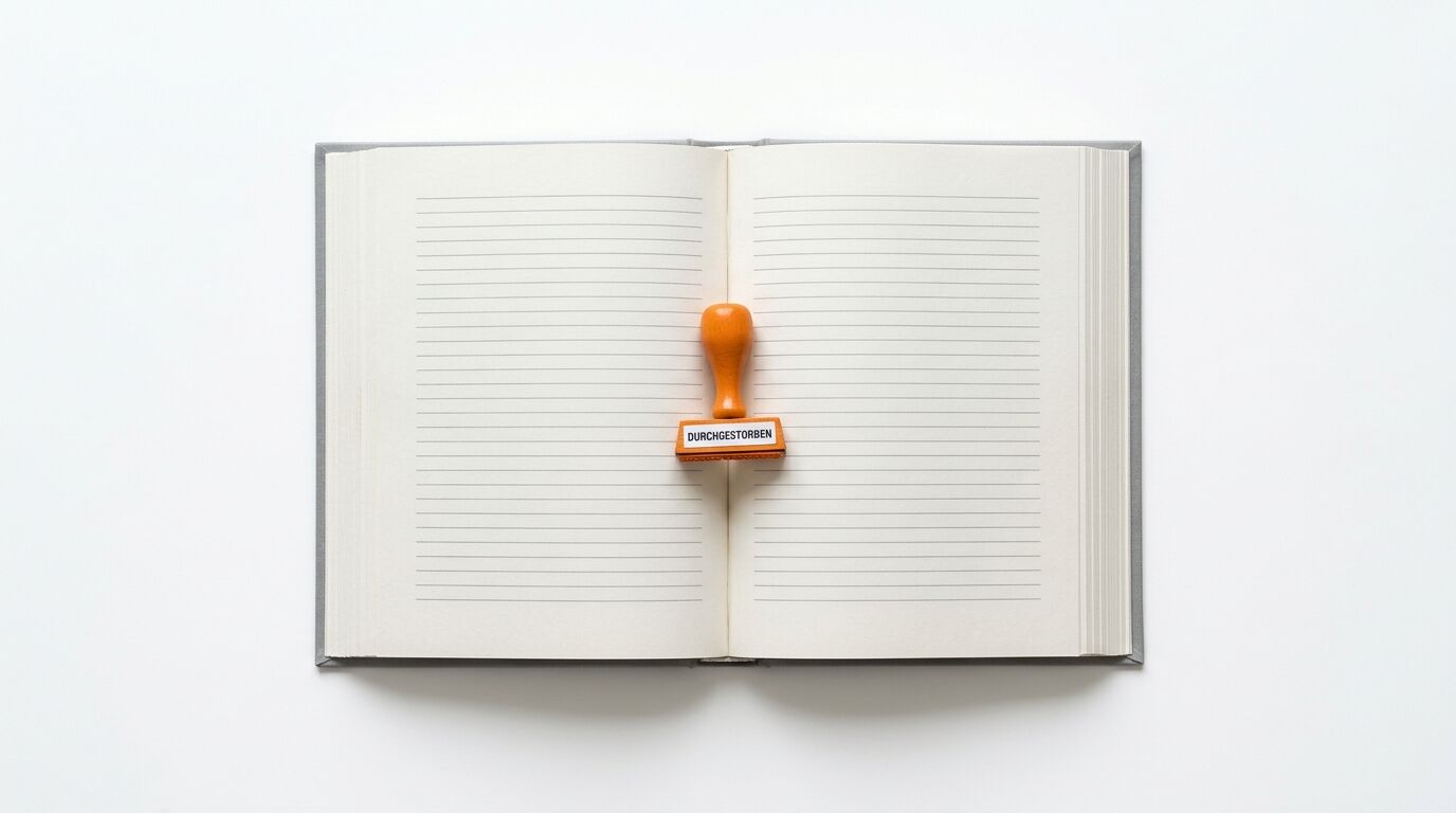 Aufgeschlagenes Notizbuch mit einem Stempel „DURCHGESTORBEN“ in der Mitte