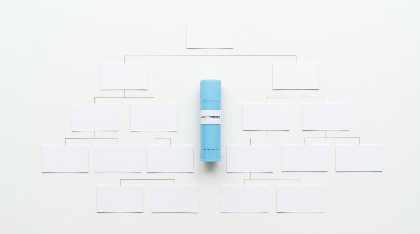 Organigramm aus leeren Karten auf Weiß, zentral blauer Klebestift mit Aufschrift „Abstimmung“