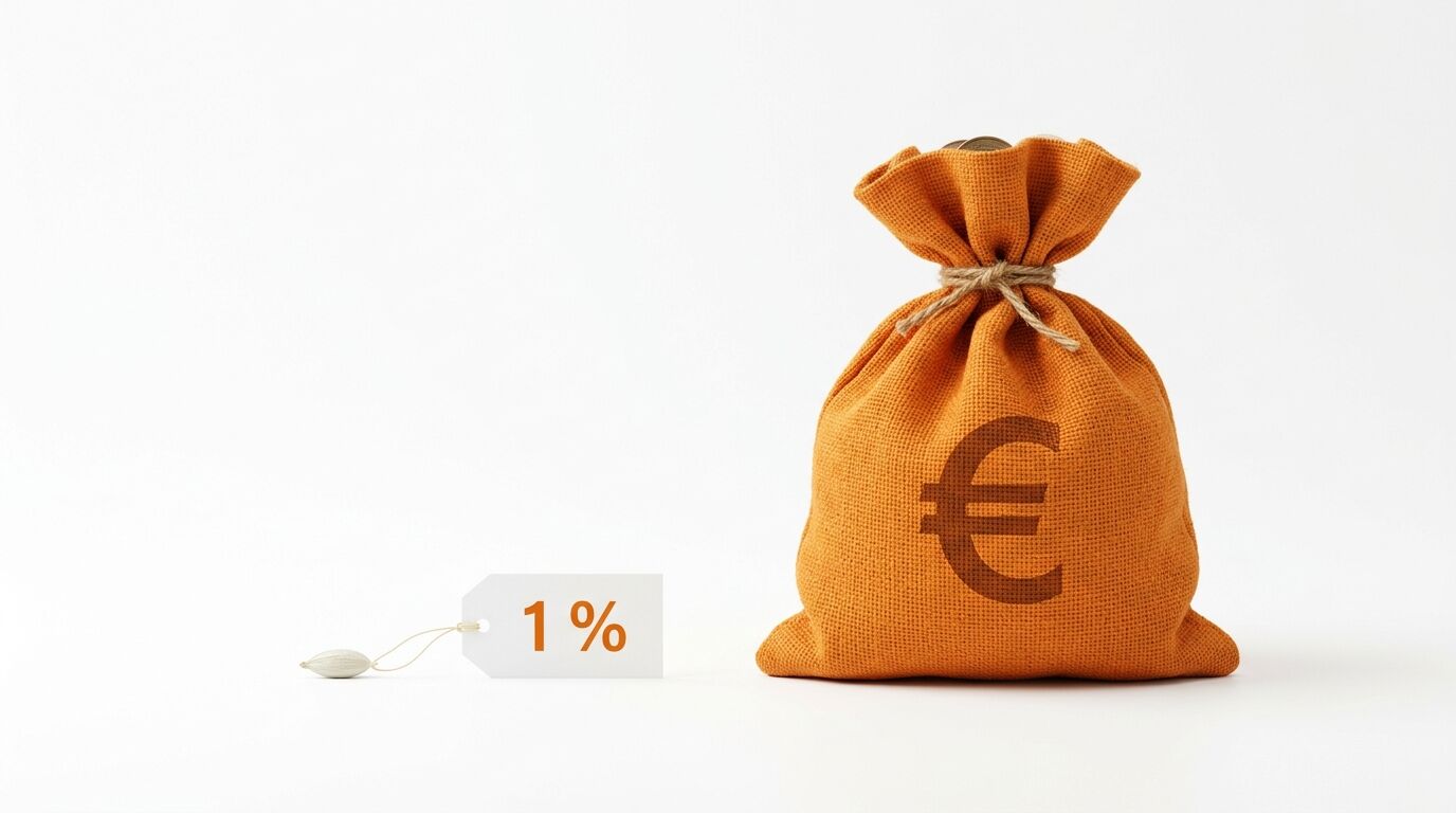 Jutesack mit Euro-Symbol und Münzen neben einem weißen Anhänger mit der Aufschrift „1 %“