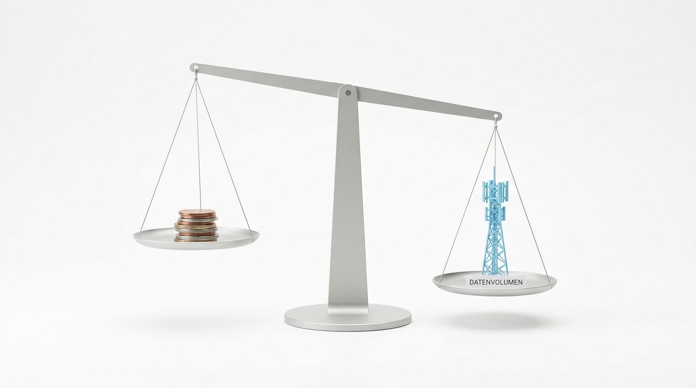 Eine Waage mit Münzen auf der linken und einem Mobilfunkturm mit "DATENVOLUMEN" auf der rechten Seite