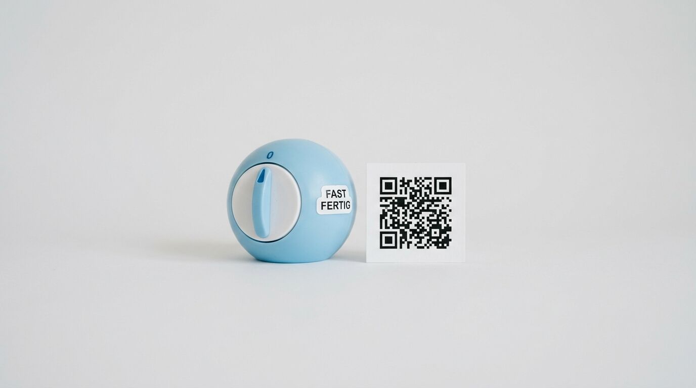 Blauer kugelförmiger Fertilitätstracker neben weißem Karton mit QR-Code auf grauem Hintergrund